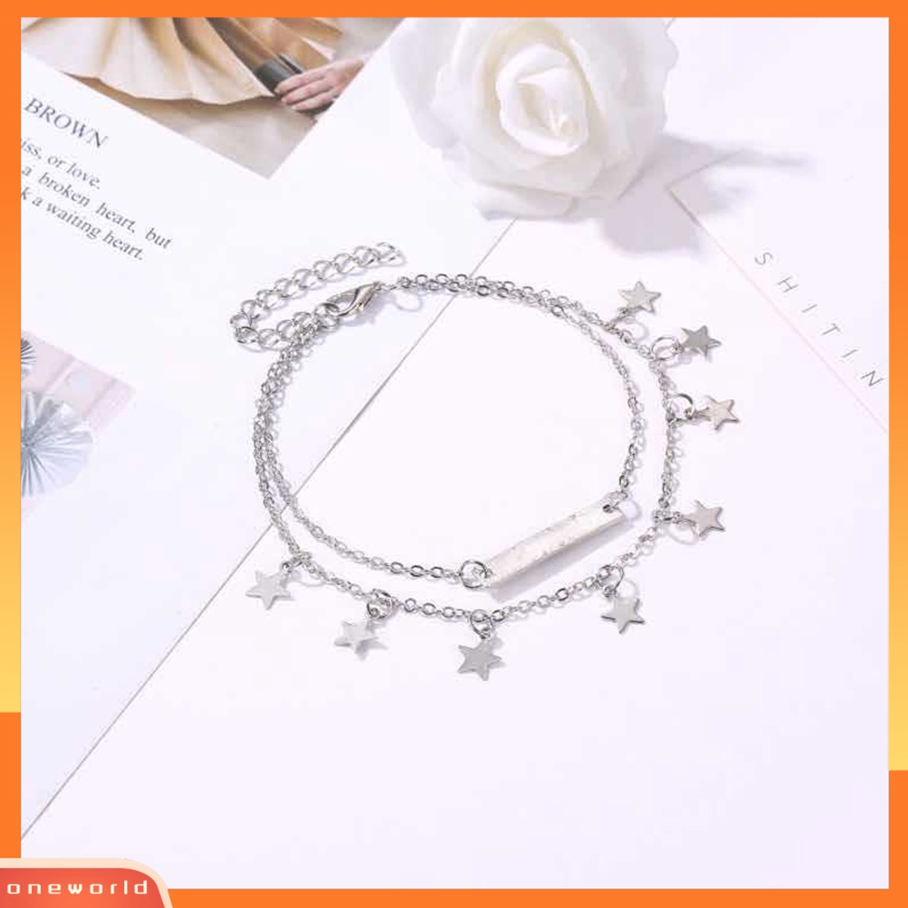 [WOD] 2pcs Ladies Star Anklet Geometris Simple Adjustable Memakai Alloy Gelang Kaki Pantai Berlapis Ganda Untuk Liburan