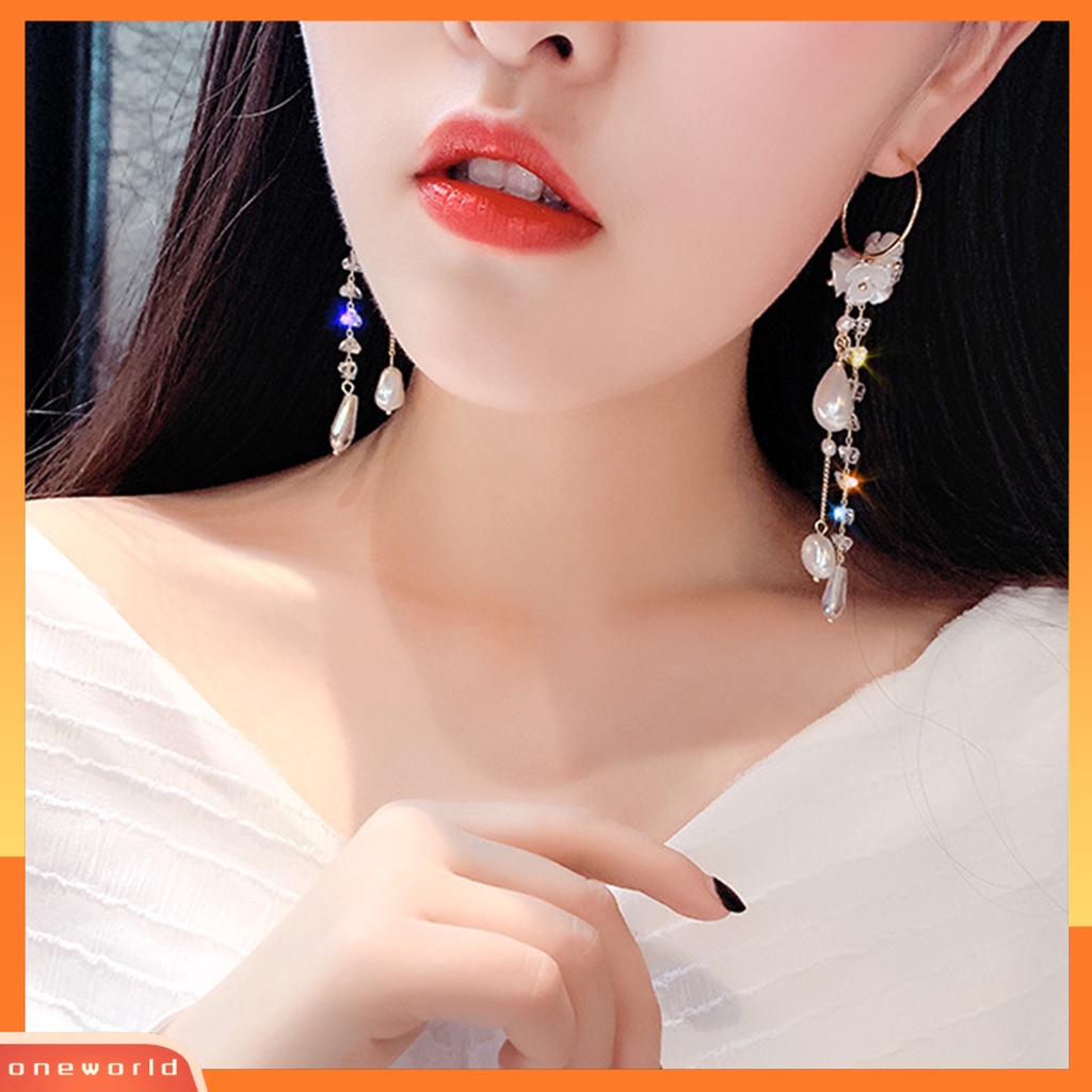 [WOD] 1pasang Lady Menjuntai Anting Mutiara Imitasi Berlian Imitasi Tahan Lama Bunga Rumbai Mewah Drop Earrings Untuk Hadiah