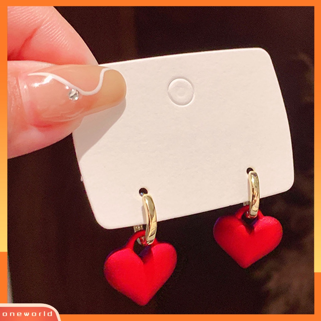 [WOD] 1pasang Anting Klip Romantis Mewah Paduan Frosted Merah Hati Drop Earrings Perhiasan Pesta