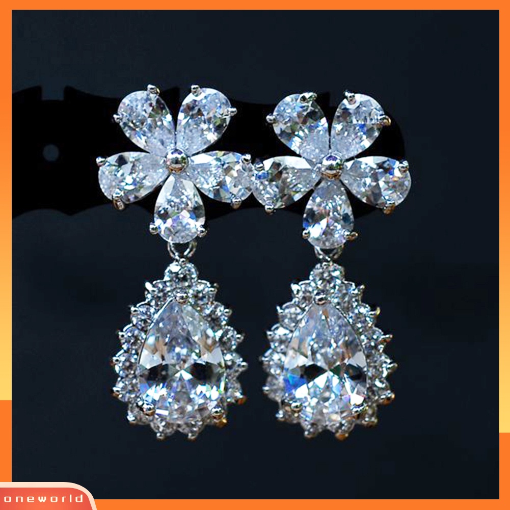 [WOD] Fashion Wanita Bunga Drop Pear Liontin Berlian Imitasi Menjuntai Stud Anting Perhiasan