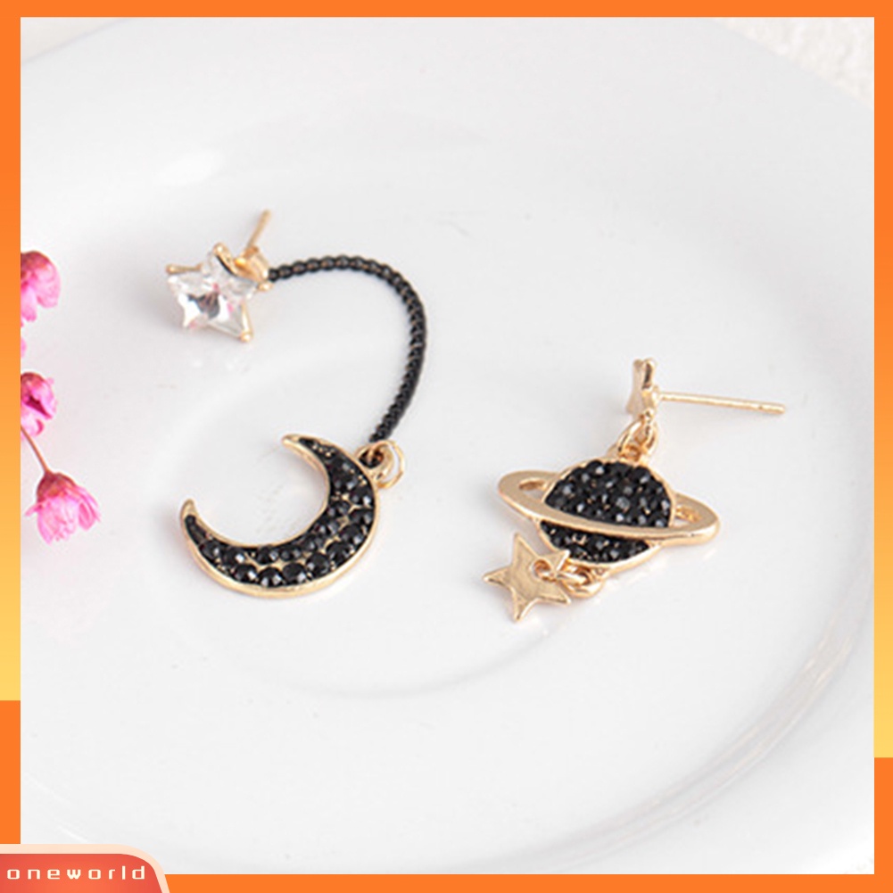 [WOD] Asimetris Rumbai Bulan Bintang Planet Berlian Imitasi Hias Wanita Stud Earrings Hadiah