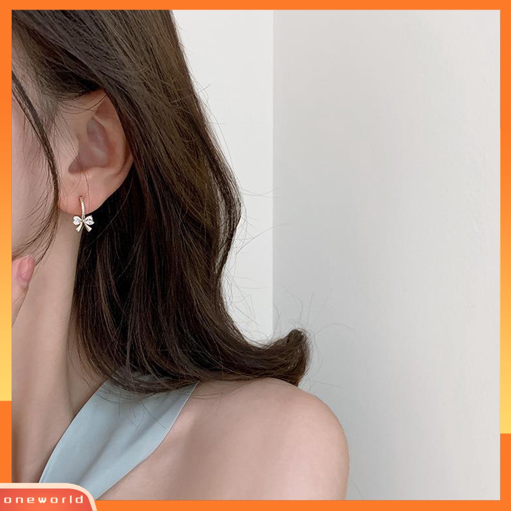 [WOD] 1pasang Wanita Menjuntai Anting Busur Cubic Zirconia Perhiasan Bersinar Gaya Korea Stud Earrings Hadiah Ulang Tahun