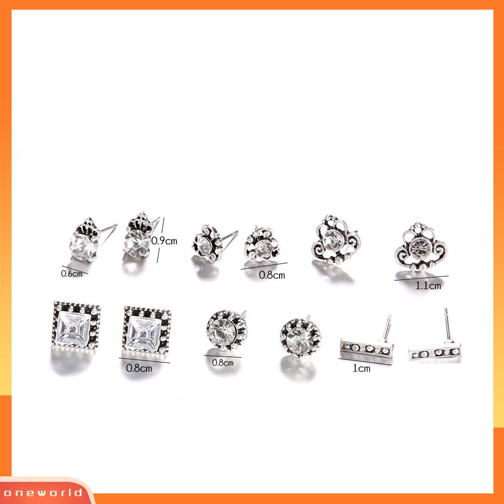 [WOD] 6pasang Campuran Wanita Bohemia Persegi Bulat Mahkota Berlian Imitasi Ear Studs Earrings