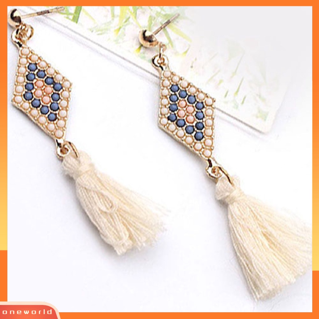 [WOD] 1pasang Ear Studs Gaya Folk Elegan Bentuk Rhombic Thread Fringed Earrings Untuk Hadiah