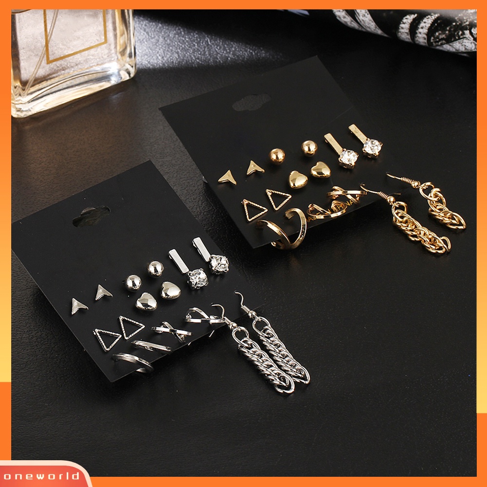 [WOD] 9pasang Fashion Wanita Berlian Imitasi Hati Bentuk Segitiga Ear Stud Hook Earrings