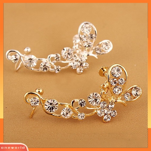 [WOD] Retro Kristal Imitasi Kupu-Kupu Bunga Telinga Cuff Stud Earring Clip on Untuk Telinga Kanan