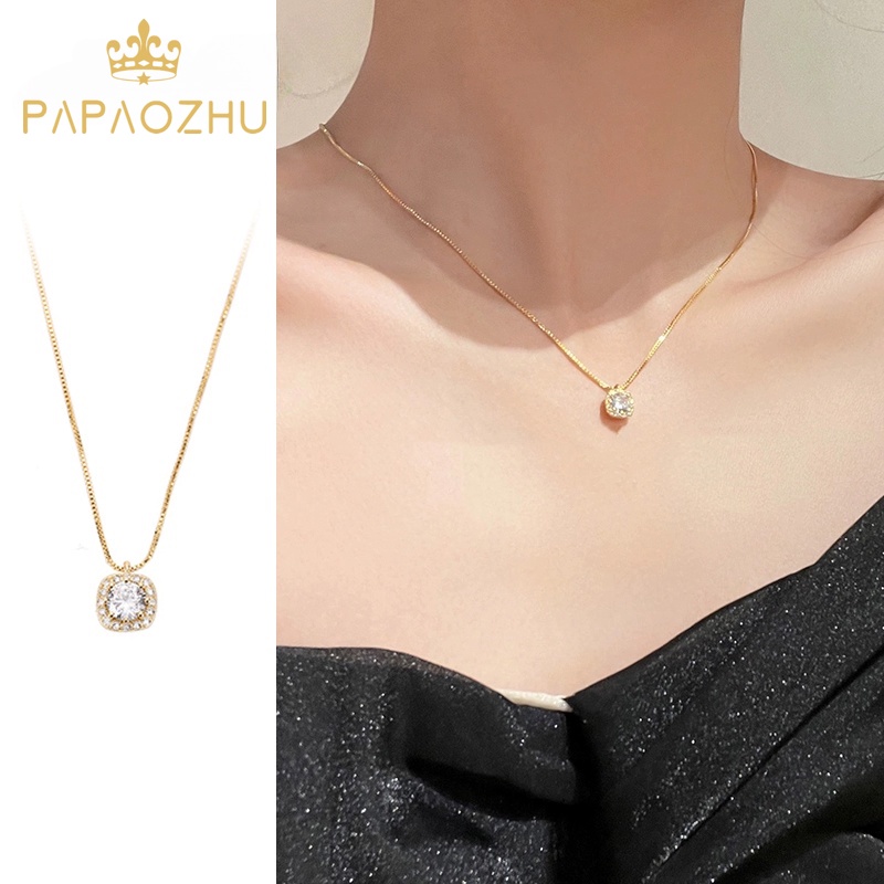 Papaozhu Fined Sparkling Zircon Square Pendant Gold Kalung Untuk Wanita Perempuan Chic Bersinar Kristal Geometris Rantai Tulang Selangka Temperamen Aksesoris Leher