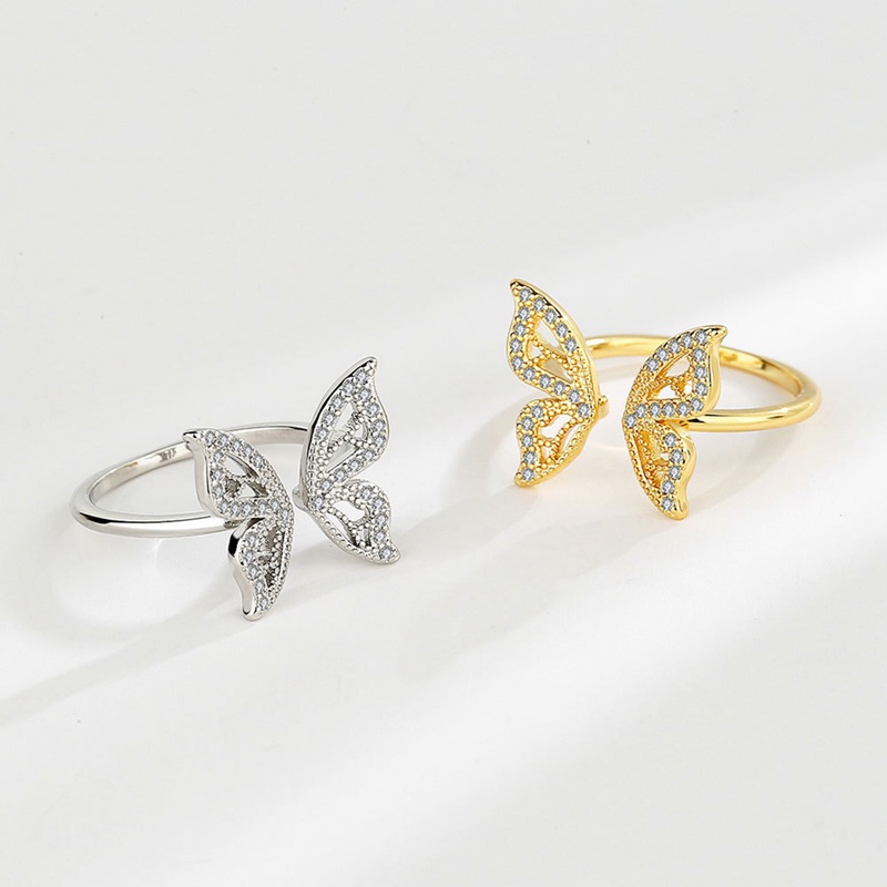 Korea Emas Berongga Kupu-Kupu Kubik Zirkon Tembaga Cincin Untuk Wanita Adjustable Terbuka Desain Pave Zirkon Butterfly Ring Pernikahan Perhiasan Hadiah