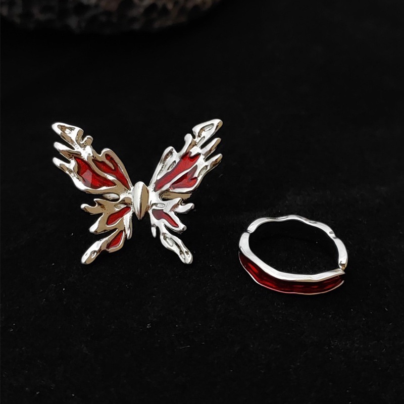 Cincin Pembukaan Kupu-Kupu Merah Aksesoris Kepribadian Mewah Cahaya Retro