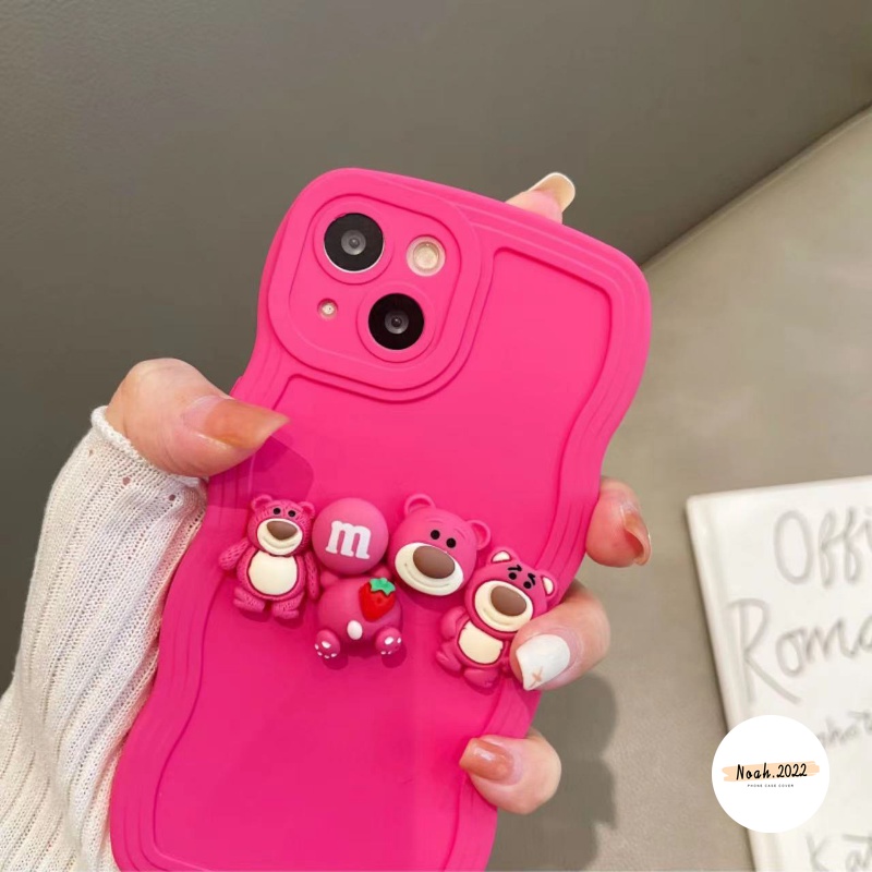 Case Untuk Redmi 12C A1 A2 10C 10 9 9A 9T 9C A1 10A A1+A2+ Note 10s 9 11 10 8 9s 11s 10Pro Max Mi 11T Pro POCO M3 X3 NFC 3D Strawberry Bear Manyo Wavy Edge Case Dengan Gelang Manik