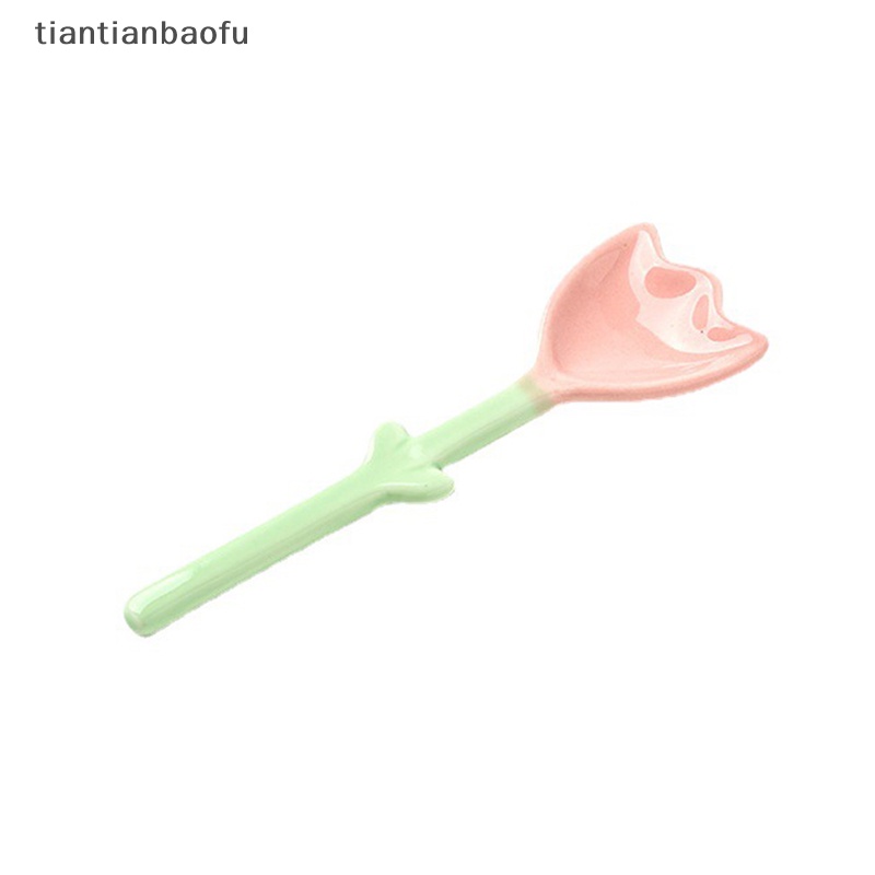 [tiantianbaofu] 1pc Tulip Berbentuk Sendok Keramik 3D Bunga Sendok Kopi Sarapan Dessert Spoon Butik