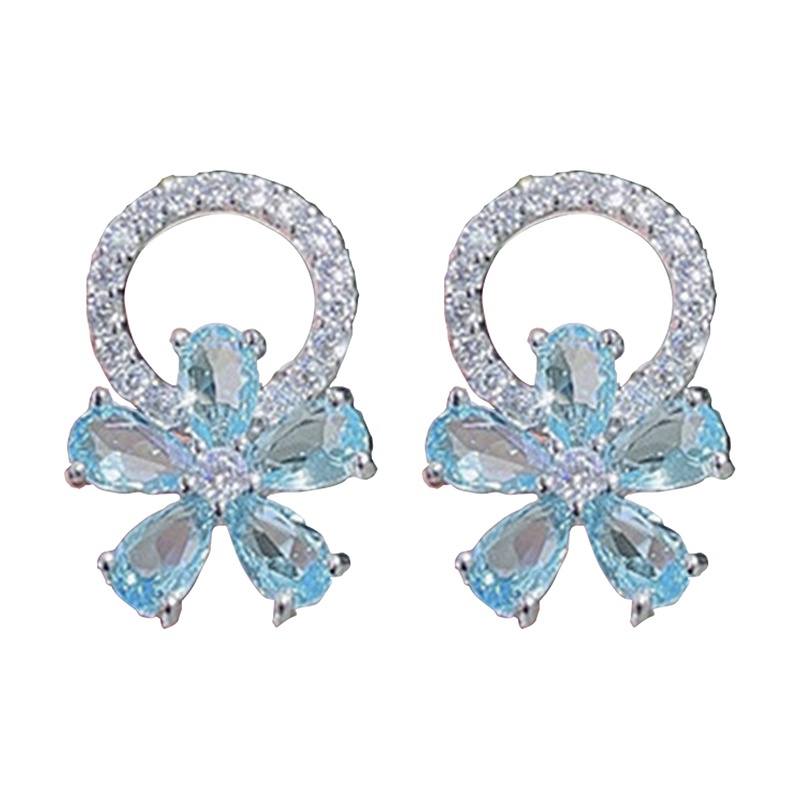 Anting Stud Bunga Cubic Zirconia Biru Muda Untuk Perempuan Warna Silver Temperamen Wanita Manis Earrings Statement Jewelry