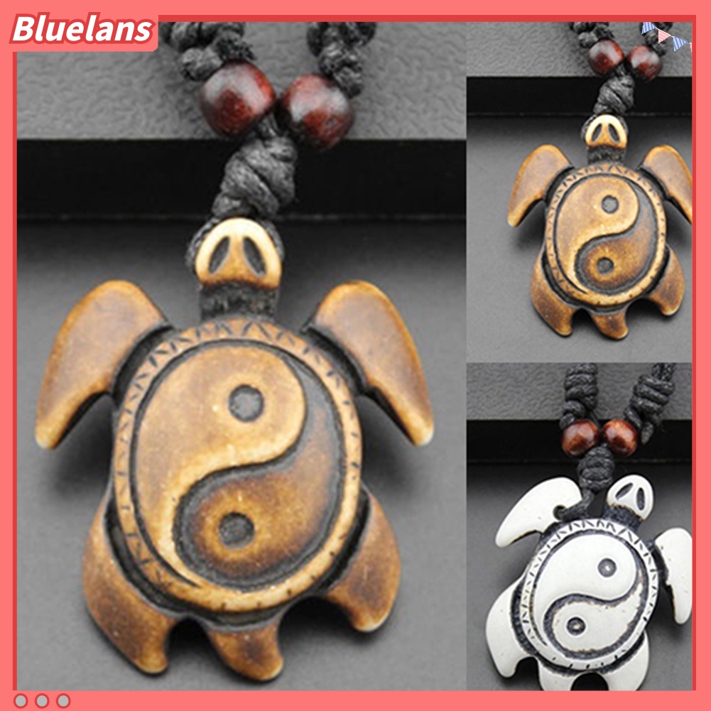 [BLS] Retro Wanita Pria Faux Bone Wax Cord Yin Yang Tai Chi Turtle Pendant Kalung Hadiah