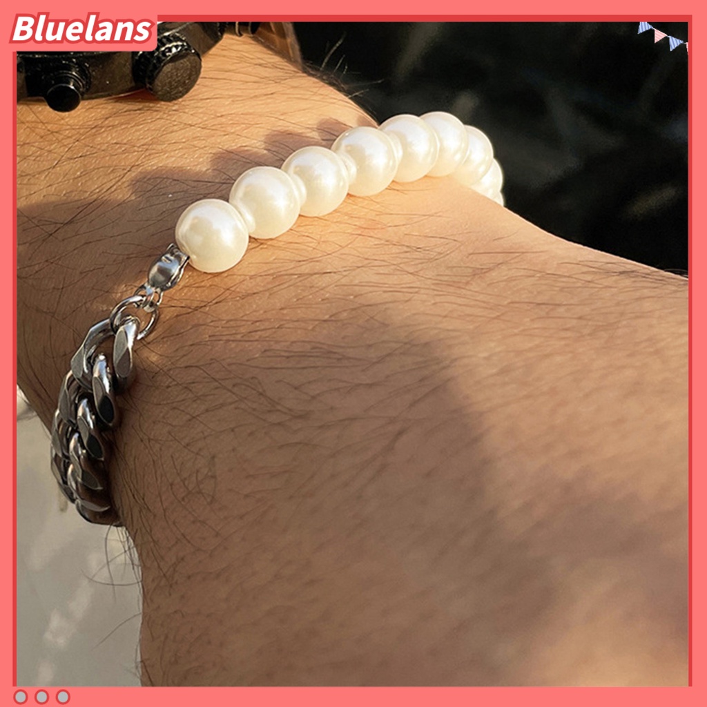 [BLS] Gelang Pria Penampilan Sederhana Hip-hop Fashion Perhiasan Mutiara Imitasi Rantai Kuba Splicing Bangle Untuk Kehidupan Sehari-Hari