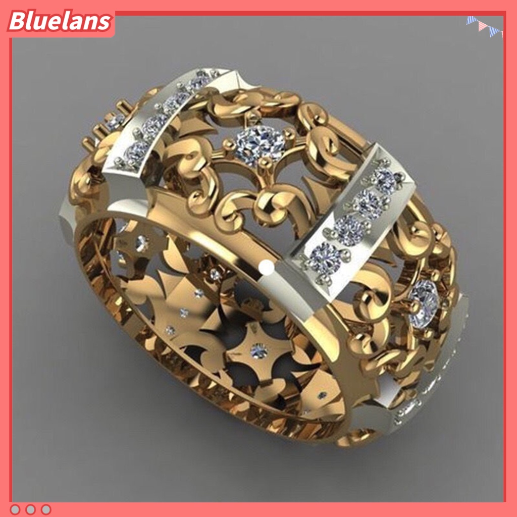 [BLS] Wanita Cincin Gaya Vintage Berongga Ukiran Dua Warna Kuno Bling Cubic Zirconia Ladies Finger Ring Fashion Perhiasan