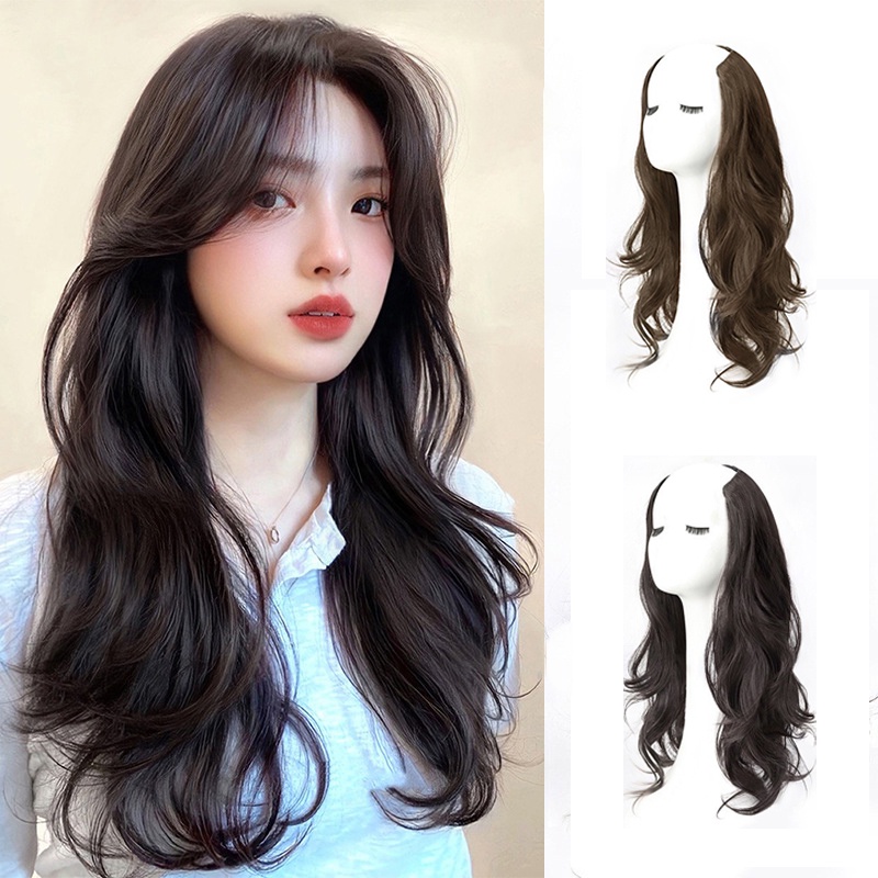 Alami Panjang Keriting Rambut Wig Wanita Perempuan Mulus Berbentuk U Sintetis Berbulu Wig Potongan Rambut Ekstensi 55 cm