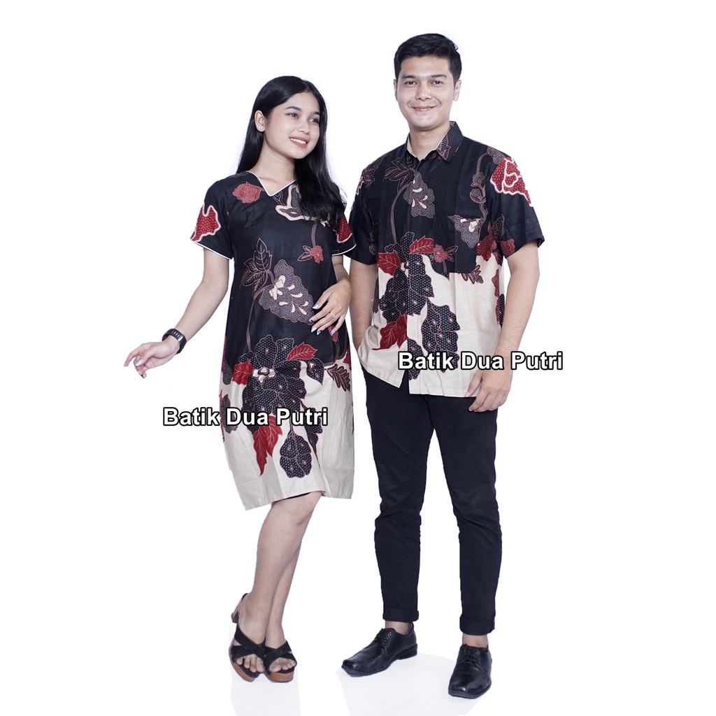 Couple Batik Pria Wanita Dres Kemeja Modern Trendy -miring- Batik Dua Putri