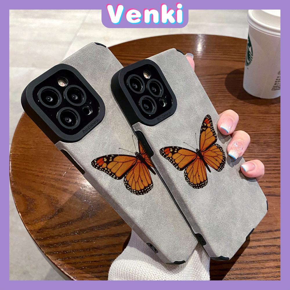 VENKI - Untuk iPhone 11 Case Leather Pupil Suede Cover Soft Shockproof Case Camera Simple Yellow Butterfly Kompatibel dengan iPhone 14 13 Pro max 12 Pro max xr xs 7Plus 8Plus