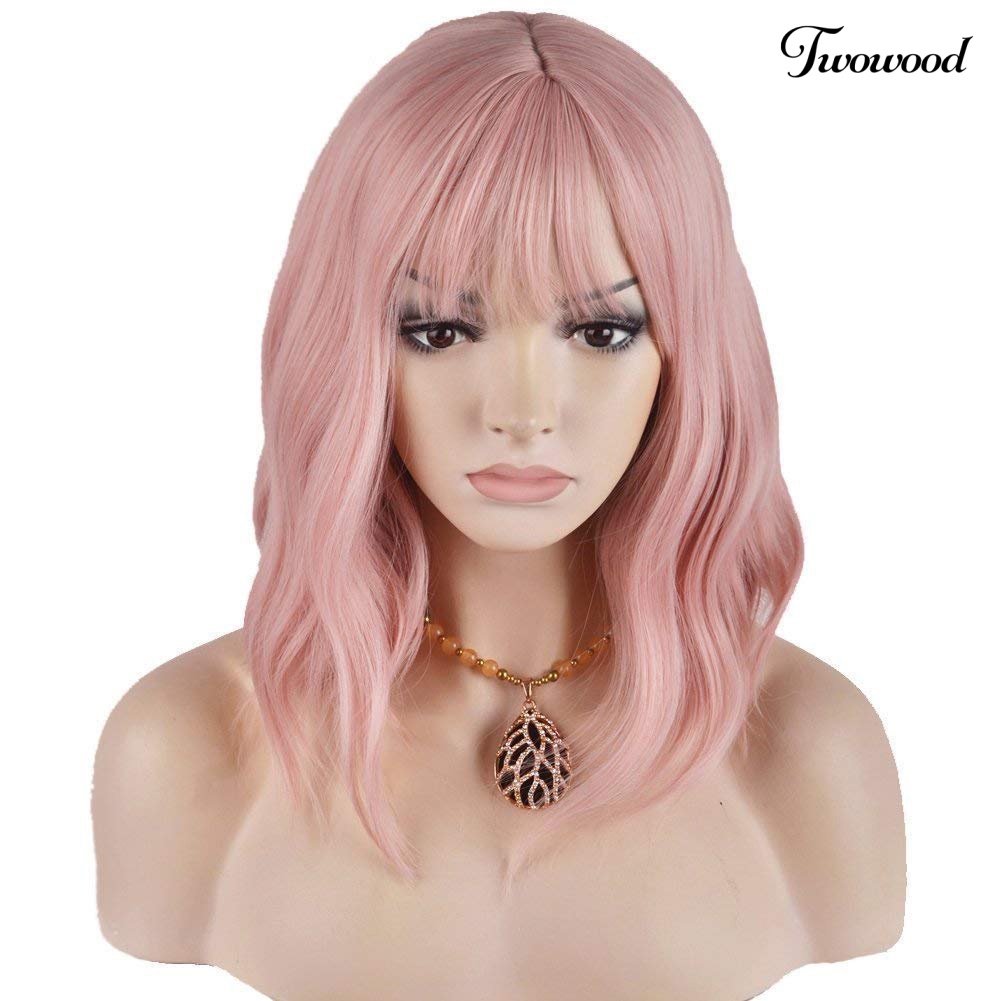 Wig Rambut Palsu Wanita Sintetis Twowood Pink Curly Panjang Bahu Dengan Poni Untuk Cosplay