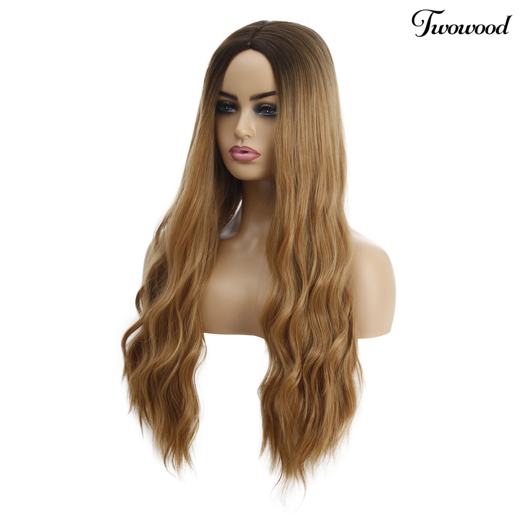 Twowood Wanita Gradiasi Warna Pusat Parting Panjang Keriting Wig Rambut Palsu Cosplay Sopak