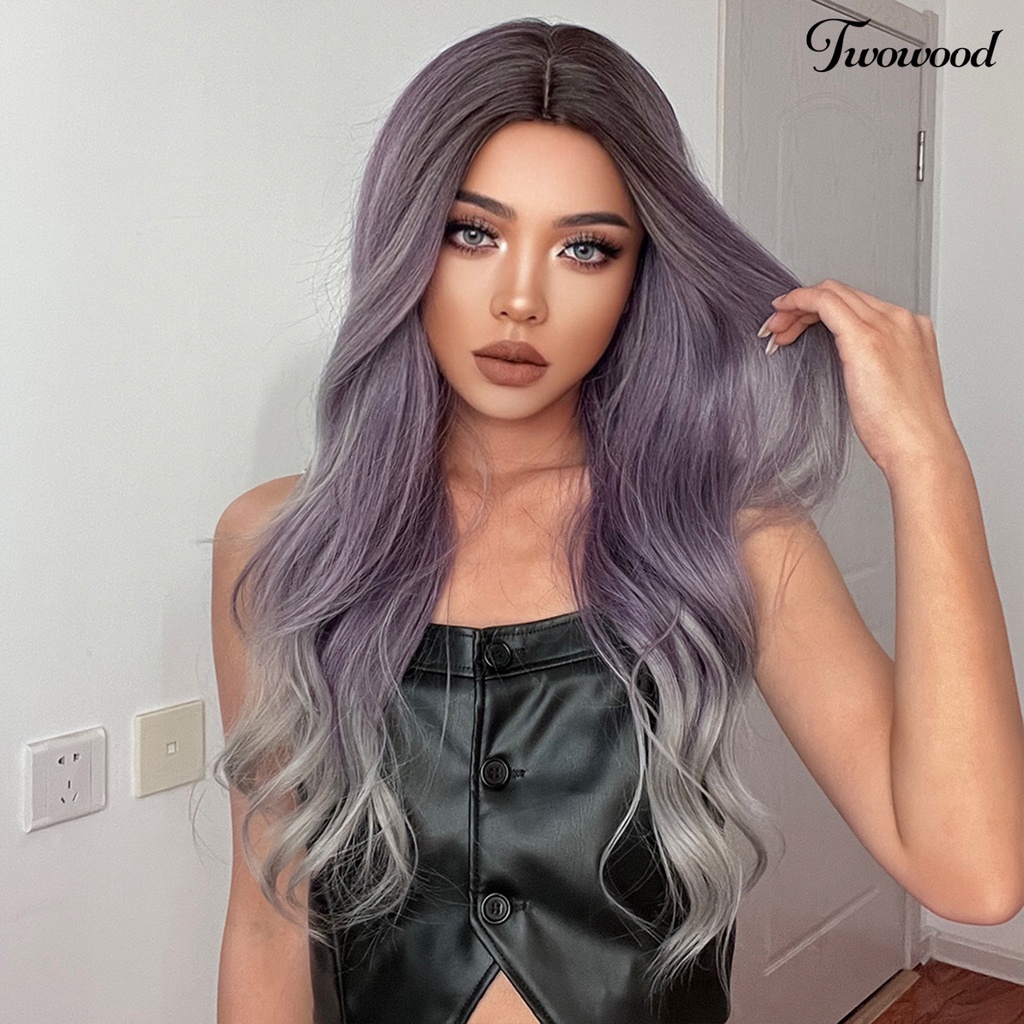 Twowood Gradient Wig Digunakan Kembali Fashion Berbulu Menarik Universal Lady Alat Kecantikan Ringan Medium Brown Gradient Ungu Abu Wig Keriting Panjang Untuk Rumah