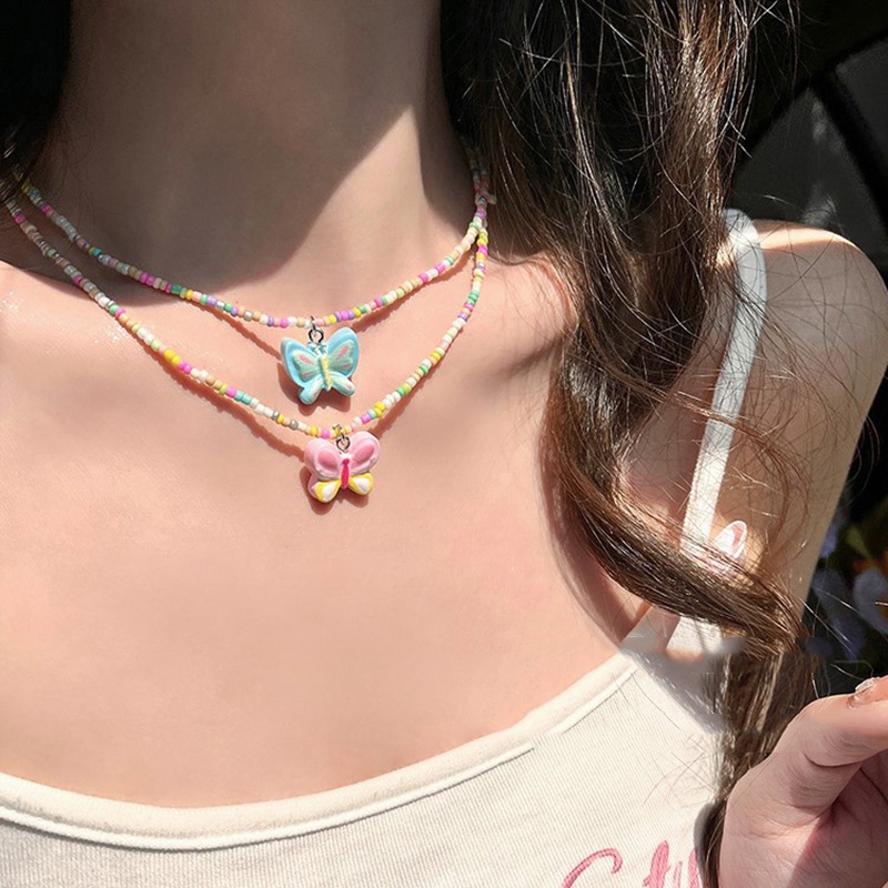 Hyuna Style Colorful Beaded Butterfly Gaya Baru Temperamen Manis Kalung Fashion Lucu