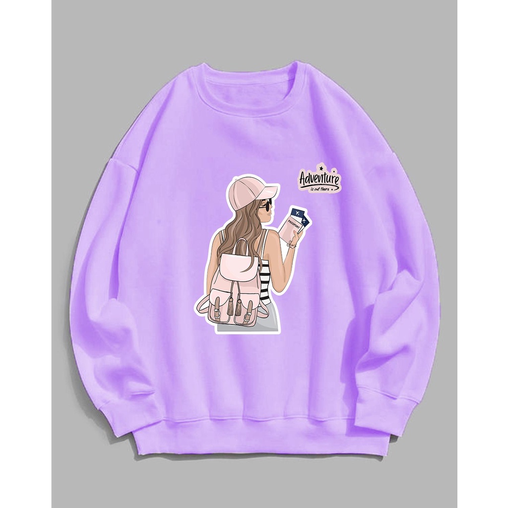 Sweater wanita Adventure Girl crewneck fleece oblong  sablon basic  oversize  tangan  panjang