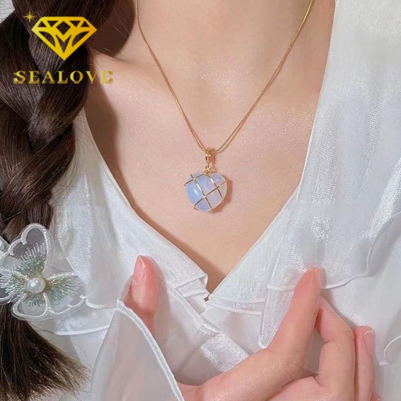 Kalung Titanium Barbie Hati Batu Permata Opal Emas 18K Anti Karat Cantik Aesthetic Korea Aksesoris Wanita Perempuan Perhiasan