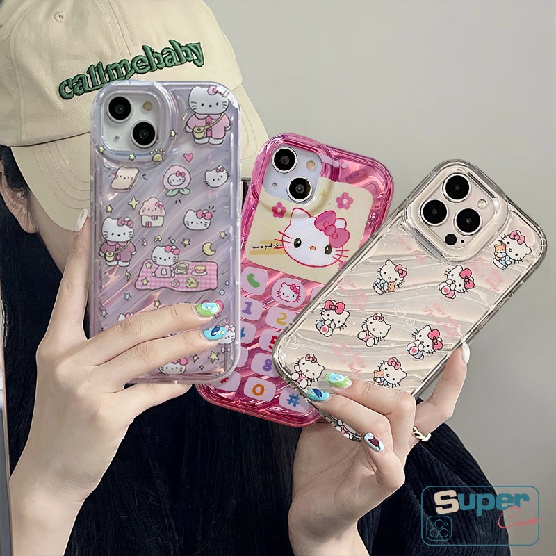 Casing Kartun Lucu Hello Kitty 3D Stereo Kerut Kompatibel Untuk IPhone 7Plus 11 13 14 12 Pro MAX XR 8 6 6S Plus X XS MAX SE 2020kartu Warna Kreatif Vintage Numerik Keypad Cover