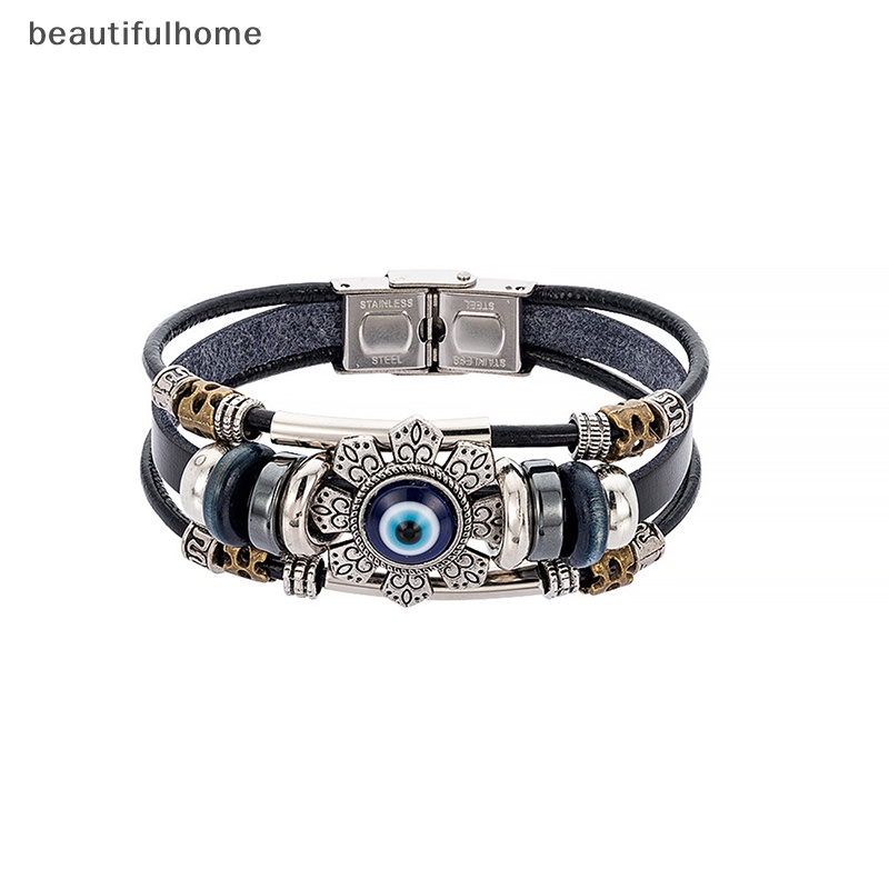 {beautifulhome} Lucky Eye Turkish Evil Eye Bracelets Punk Multilayer Gelang Handmade Kulit.