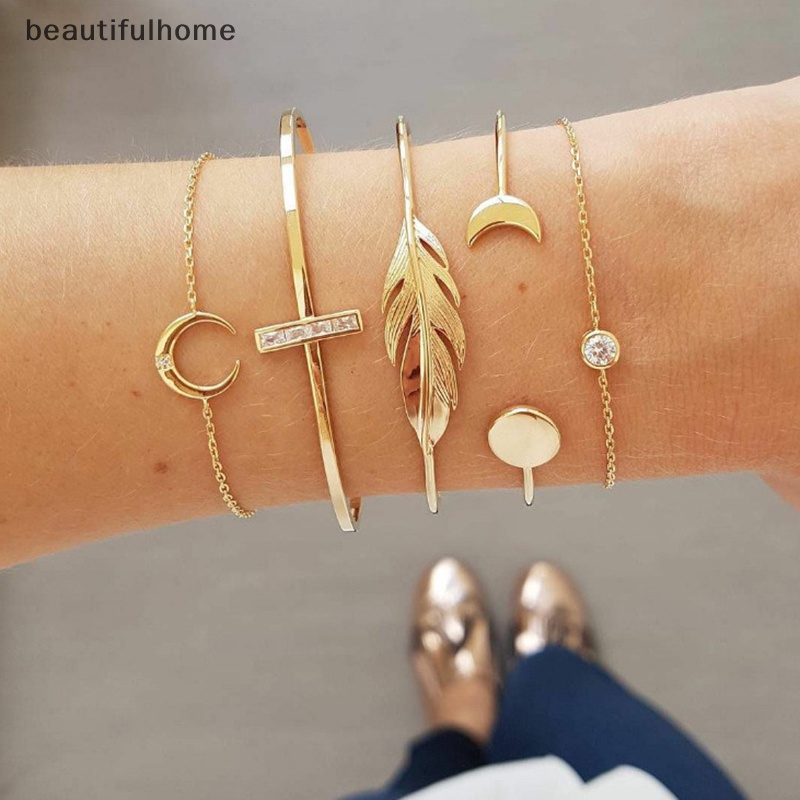 {beautifulhome} Berlian Imitasi Matahari Bulan Gelang Wanita Jumbai Daun Melingkar Rantai Bangle Perhiasan.