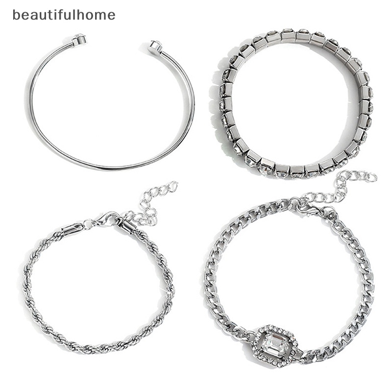 {beautifulhome} 4pcs Set Gelang Bangle Terbuka Kristal Desain Bohemian Untuk Wanita Vintage Hias Berlian Memutar Manset Rantai Aksesoris Perhiasan.