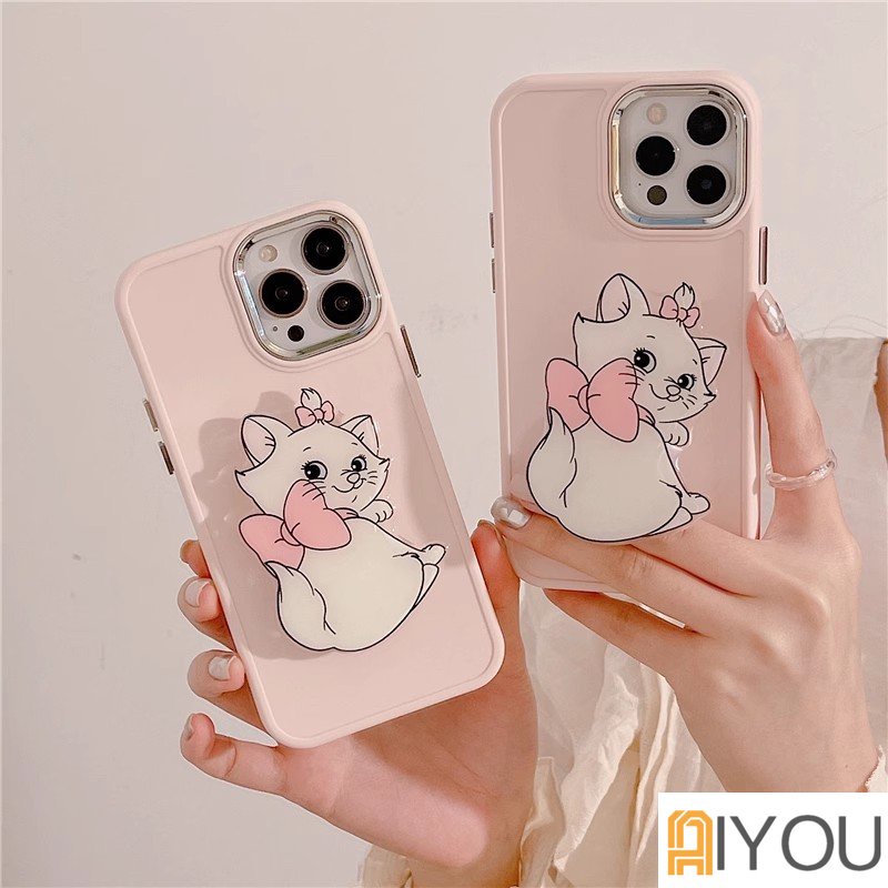 IPHONE Pink Mary Cat Bracket Cairan Plating Perlindungan Casing Ponsel Kompatibel Untuk Iphone14 14Plus 13 12 11 Pro Max XR IX Cakupan Penuh Shockproof Soft Cover