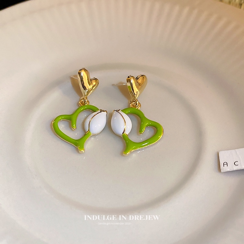 Korea Musim Panas Hijau Gadis Manis tulip Menjuntai Jantung Anting Telinga Studs Aksesori Fashion
