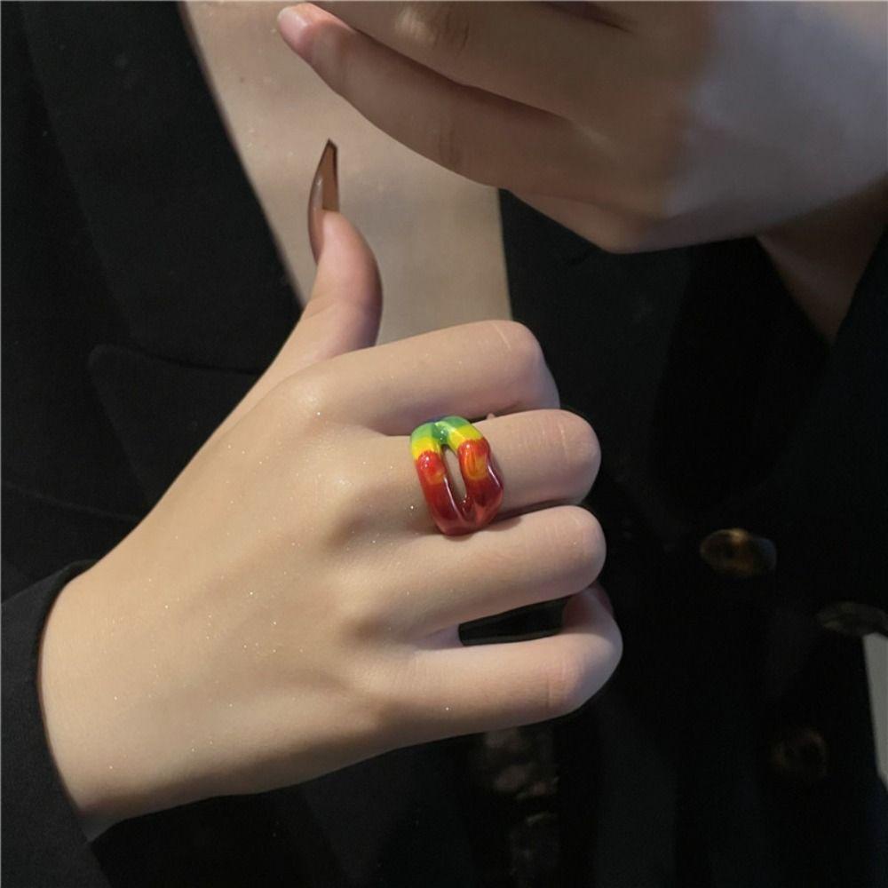 Mxbeauty Cincin Bibir Geometris Kepribadian Harian Retro Drip Glazed Wanita Perhiasan Fashion Design Multicolor Gaya Korea Gesper Jari Untuk Pesta