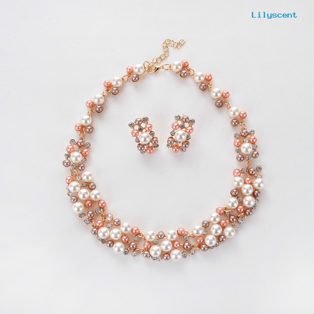 [LS]2 Pcs Wanita Fashion Mutiara Imitasi Hias Berlian Imitasi Kalung Anting Set Perhiasan