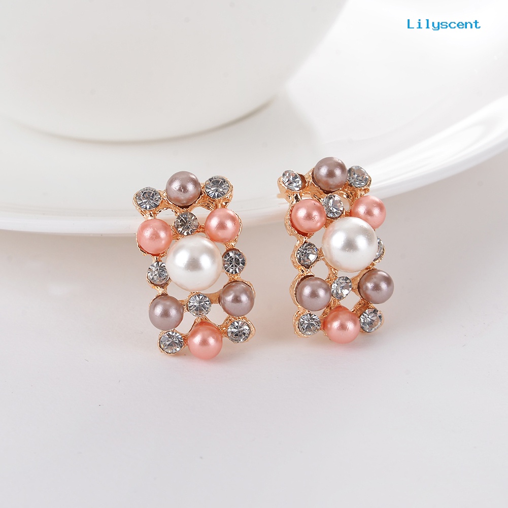 [LS]2 Pcs Wanita Fashion Mutiara Imitasi Hias Berlian Imitasi Kalung Anting Set Perhiasan