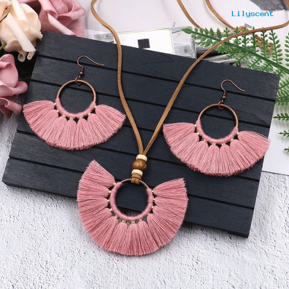 [LS]Bohemian Wanita Bulat Liontin Fringe Rumbai Tali Kalung Anting Set Perhiasan