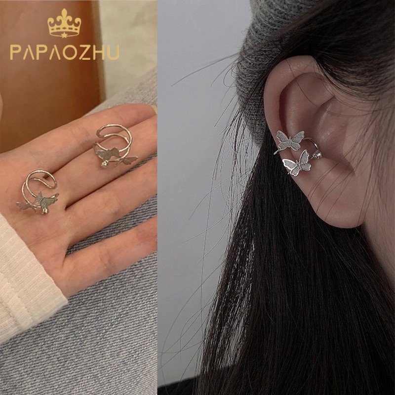 Papaozhu 1PC Chic s925 Perak Ganda Kupu-Kupu Klip Anting-Anting Untuk Wanita Perempuan Bergaya Non Tindik Cuff Earrings Telinga Perhiasan