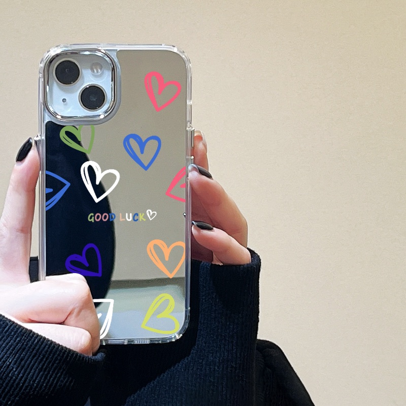 IPHONE Casing Ponsel Cermin Hati Warna-Warni Kompatibel Untuk Iphone11 12 13 14 12Pro 13Pro 14Pro Pro Max XR X XS Max Electroplating Tombol Perlindungan Mirror Cover