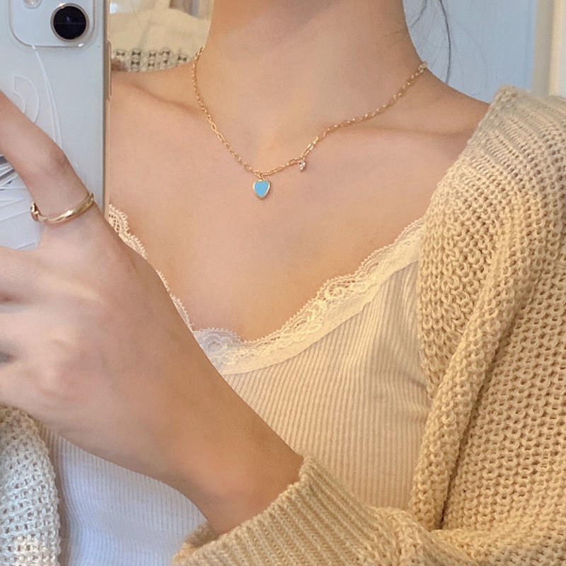 Kalung Cinta Biru Niche Mewah Ringan Perempuan Rantai Klavikula ins Desain Gaya Baru Merasakan Kalung Influencer Berkelas