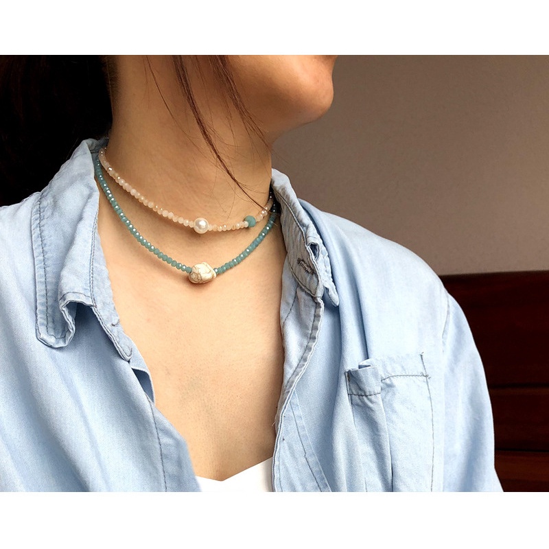 Musim Panas Kalung ins Double Layer Layered Kalung Kristal choker Manik-Manik Kalung All-Match Perhiasan Turquoise Klavikula Rantai