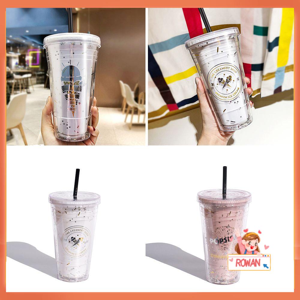 R-FLOWER 480ml Botol Air Dinding Ganda Luar Ruangan Portabel Musim Panas Dessert Dengan Sedotan Jus Teh Susu Mug