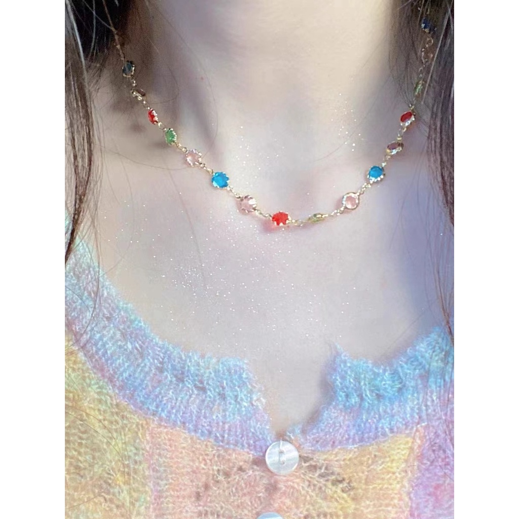 Kalung Zirkon Warna-Warni Permen Manis Segar Kecil Warna Warni Perempuan Jepang Korea Selatan Gaya Baru Lembut Klavikula Rantai Influencer Necklace