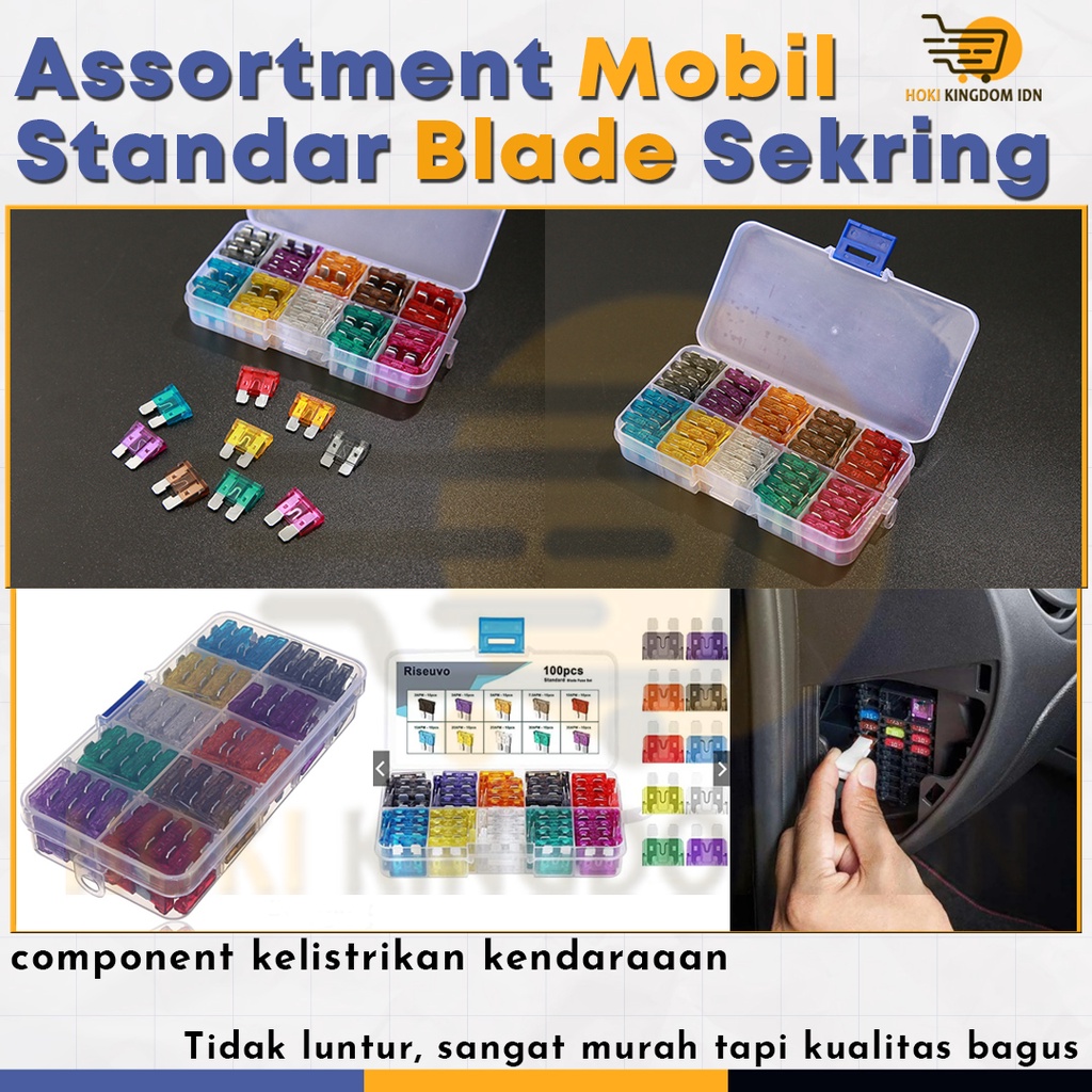 100 pcs Assortment Mobil Standar Blade Sekring (2A 3A 5A 7.5A 10A 15A 20A 25A 30A 35A)