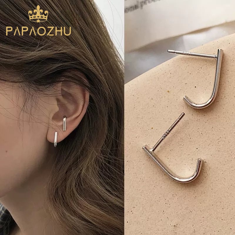 Papaozhu Korea S925 Perak Curving Hook Anting Untuk Wanita Pria Unisex Minimalis Stud Earring Fashion Telinga Manset Perhiasan