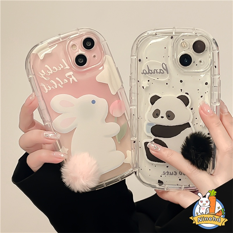 Cute Plush Tail Panda Rabbit iPhone Case Kompatibel Untuk Iphone14 13 12 11 Pro Max X Xr Xs Max 8 7 6 6s Plus SE2020 Bening Tebal Airbag Phone Case Silikon Shockproof Back Cover