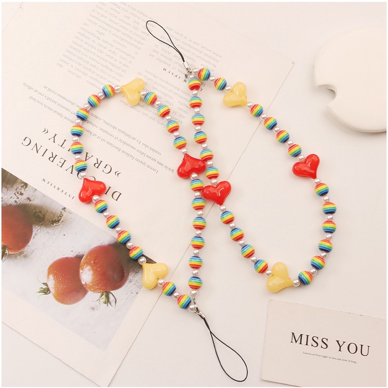 3d Cinta Hati Dengan Rantai Manik-Manik Bulat Pelangi Semua Ponsel Case Cover Tali Anti Hilang Untuk OPPO Untuk VIVO Untuk Huawei Untuk Redmi Untuk Xiaomi
