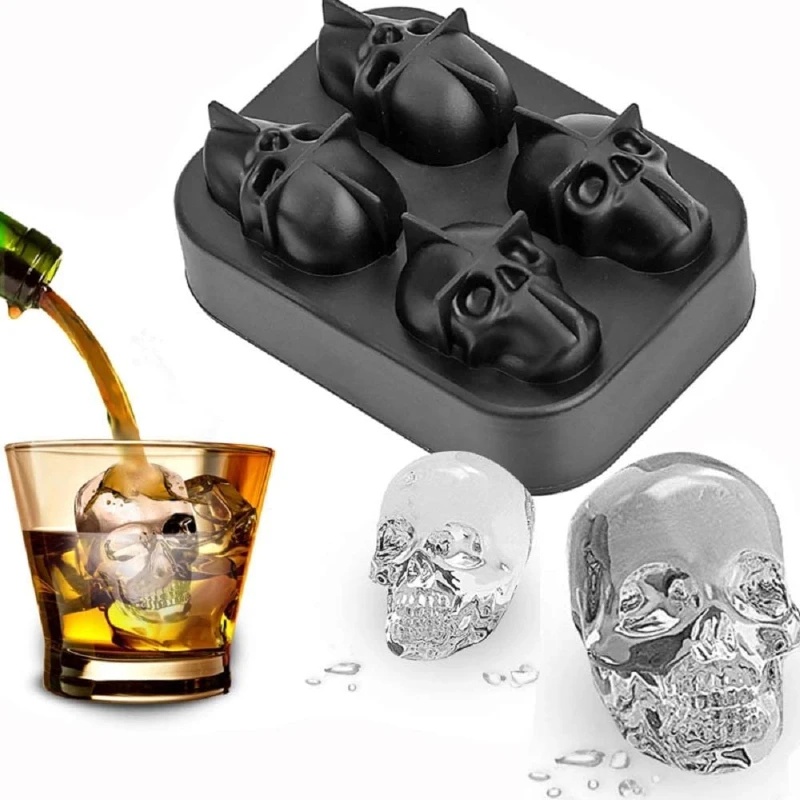 Cetakan es batu bentuk tengkorak 3D / Ice Ball Tray silikon 4-Cavity / cetakan coklat Resin Sphere kecil / untuk jus Whiskey Cocktail / perlengkapan pesta Halloween / gadget dapur Bar