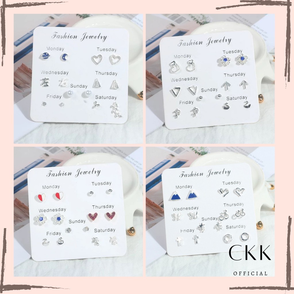 TGM - 7 Pasang Anting Tindik Tusuk 1 Set Korea Fashion Plug Earrings Korean Style